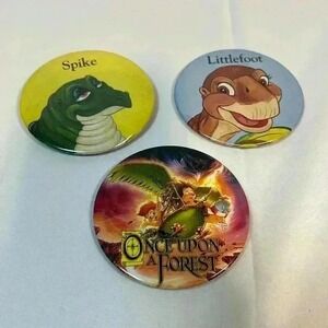 Vintage Movie Pins Round Metal 2-Land Before Time & 1-Once Upon a Forest 3"